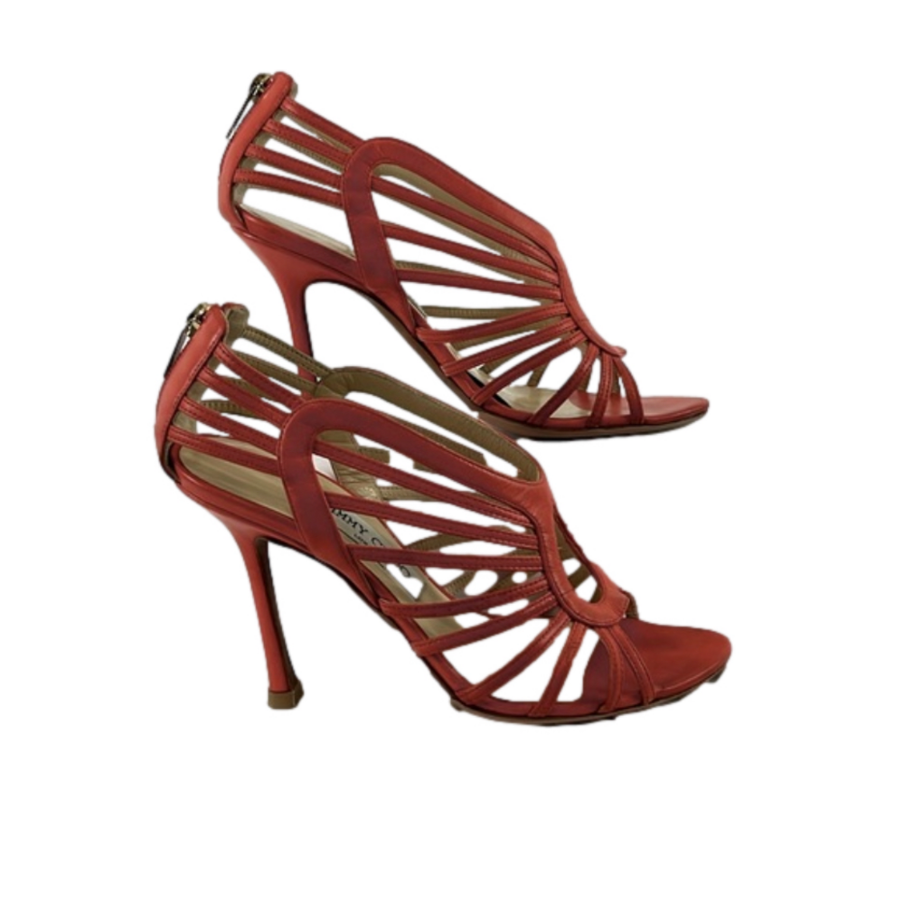 Jimmy Choo Orange Leather Cage Heels with Zip Back Closure